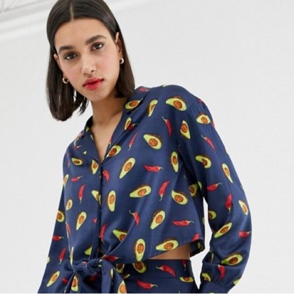 Neon Rose Sateen Navy Avocado Print Tie-Front Blouse